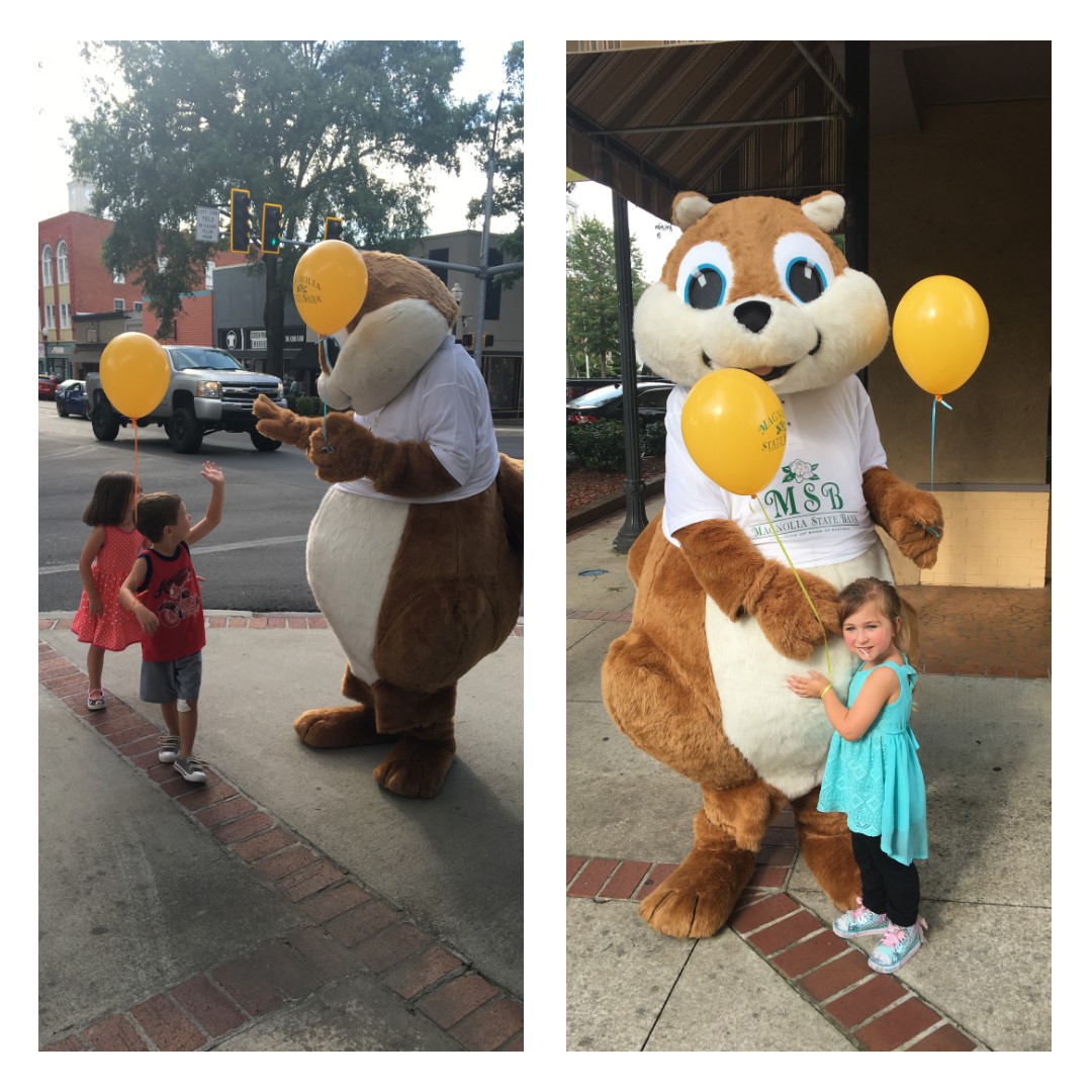 2 picture collage of the Magnolia State Bank Saver Squirrel giving balloons to kids.